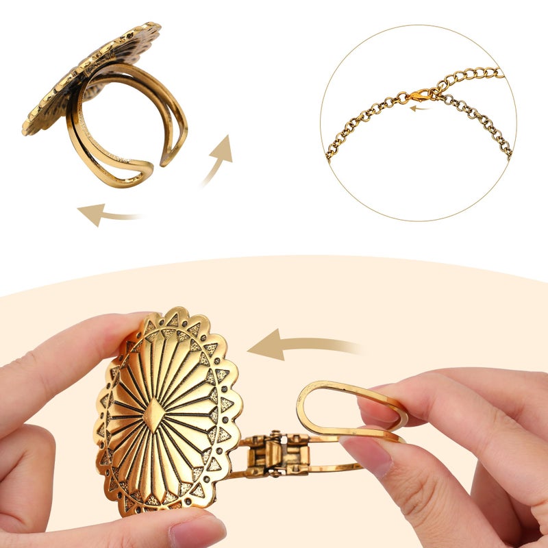 JMScape 4 PCS Western Turquoise Jewelry for Women Boho Vintage Navajo Pearl Necklace Earring Bracelet Ring Set Country Cowgirl Accessories for Gift (J-Gold) - Image 5