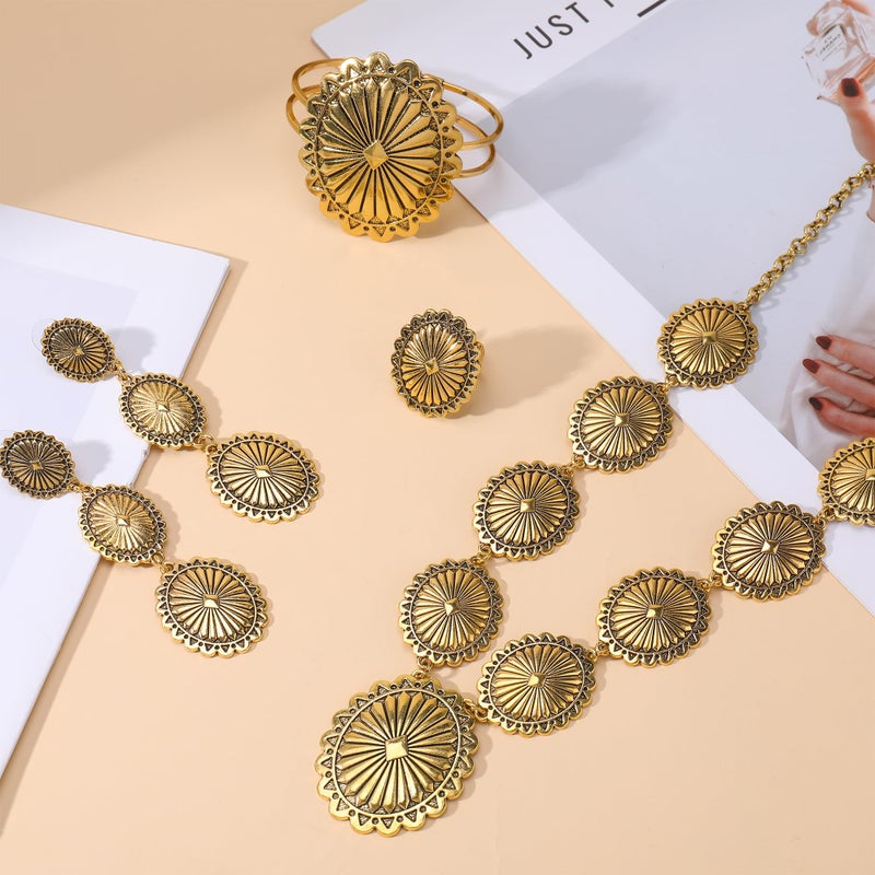 JMScape 4 PCS Western Turquoise Jewelry for Women Boho Vintage Navajo Pearl Necklace Earring Bracelet Ring Set Country Cowgirl Accessories for Gift (J-Gold) - Image 3