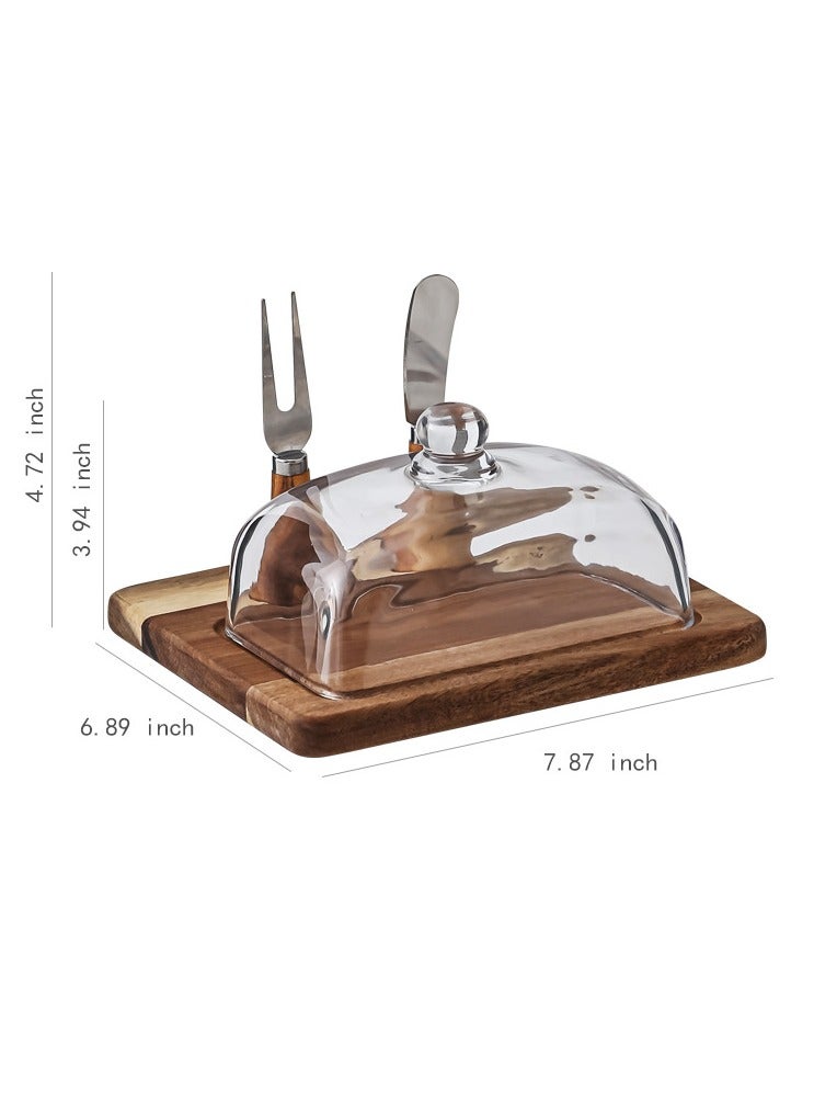 عام صندوق خشبي للزبدة يأتي مع أدوات تقطيع الجبن والزبدة، وطبق حلوى تشيز كيك مع غطاء زجاجي. - Image 3