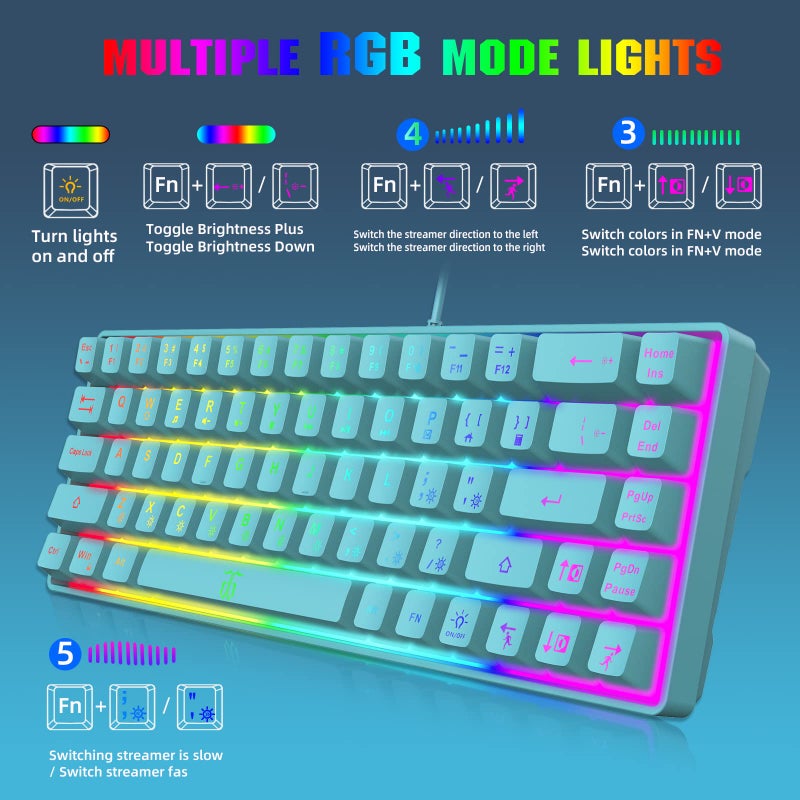Snpurdiri 60% لوحة مفاتيح ألعاب غشائية، RGB مدمجة سلكية صغيرة، إحساس ميكانيكي قوي لأجهزة الكمبيوتر/ماك للاعبين، للكتابة، للسفر، سهلة الحمل في رحلة عمل (68 مفاتيح، أزرق) - Image 5