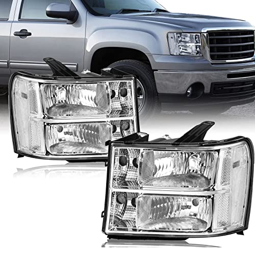 مجموعة مصابيح أمامية APSVE لسيارة GMC Sierra 1500 2007 2008 2009 2010 2011 2012 2013 وSierra 2500 HD 3500 HD مع غلاف كروم وعدسة شفافة