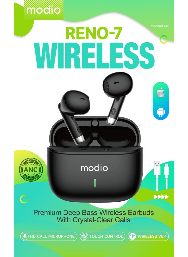 Modio RENO-7 True Wireless Earbuds with Active Noise Cancellation Bluetooth 5.4, HD Call Microphone, Touch Control, Long Battery Life & Fast Charging Case Compatible with Android Mobiles and Tablets Black - Image 4