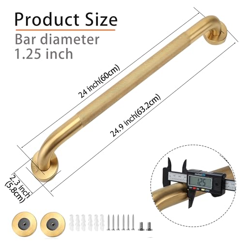 Rackickyer Shower Grab Bar, 2 Pack 24 Inch Gold Bathroom Grab Bar, 1.25" Diameter 304 Stainless Steel Anti-Slip Grab Bars for Bathtubs and Showers, Handicap Shower Grab Bar for Seniors Elderly - Image 2