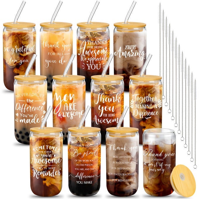 12 SET EMPLOYEE APPRECIATION GIFTS APPRECIATION CUPS FOR TEAM THANK YOU GIFTS GLASS CUPS FOR STAFF COWORKER 16 OZ CAN SHAPED BEER GLASS WITH LIDS STRAWS BRUSHESSTYLISH STYLE