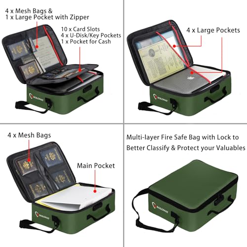 ROLOWAY Fireproof Document Bag with Lock (17 x 11.8 x 5 inch), Important Document Storage Bag with Multi-Layer File Organizers (Green) - Image 4