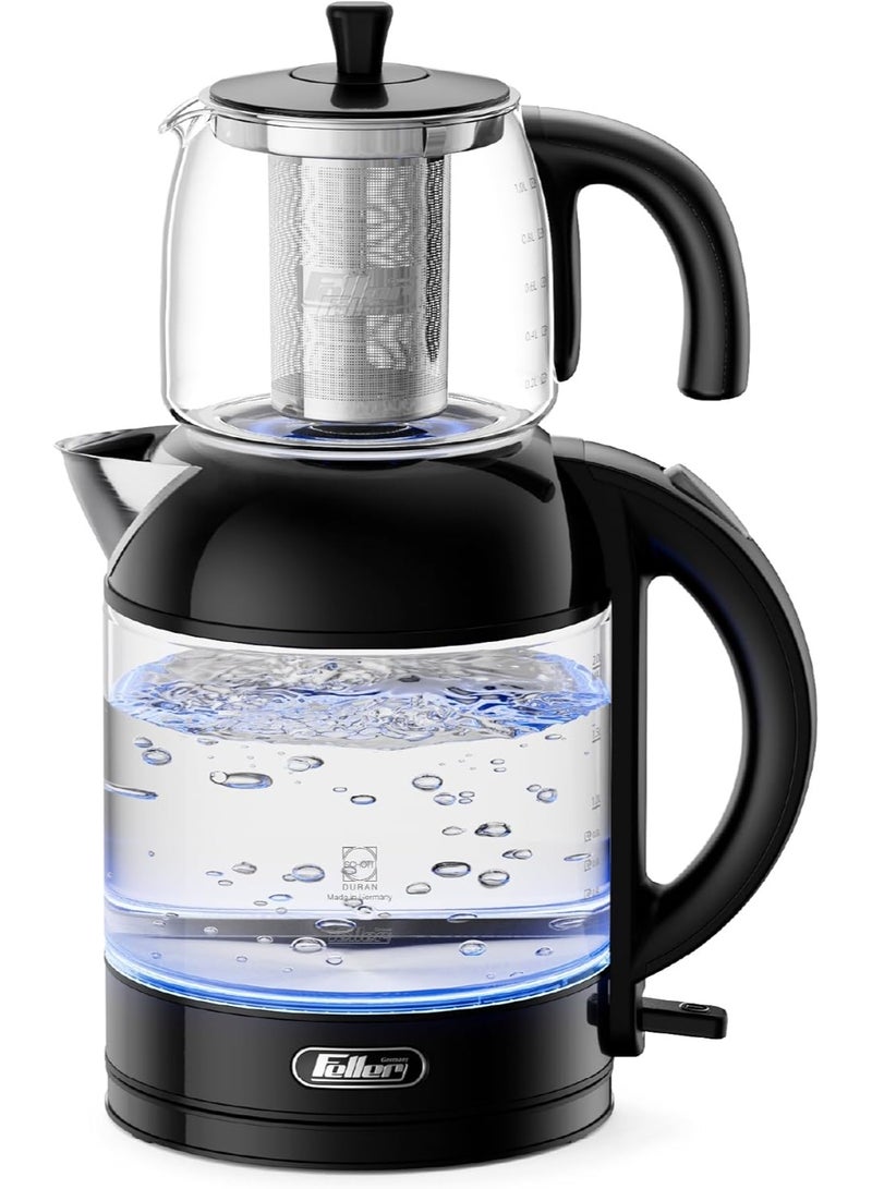 Feller Germany TS289 2-in-1 Tea Maker, 2L German Schott Glass Kettle + 1L Teapot, 2200W Strix Control, Keep Warm, BPA Free, Stainless Steel Filter (Black) - Image 1
