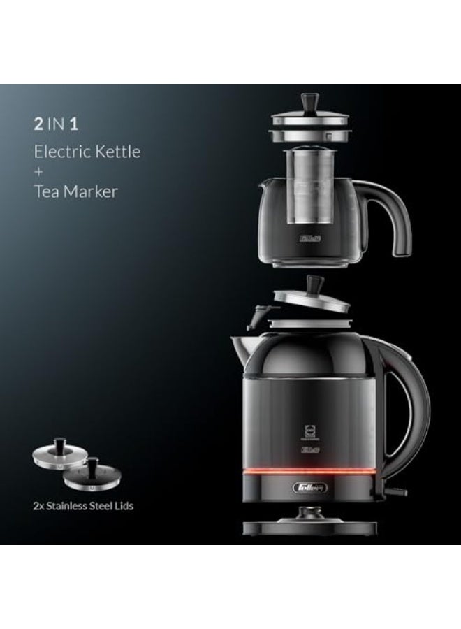 Feller Germany TS289 2-in-1 Tea Maker, 2L German Schott Glass Kettle + 1L Teapot, 2200W Strix Control, Keep Warm, BPA Free, Stainless Steel Filter (Black) - Image 4