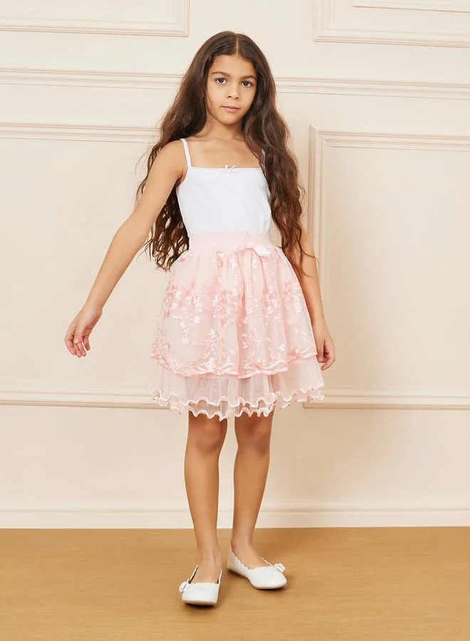 Styli Floral Embroidered Bow Detail Mesh Skirt