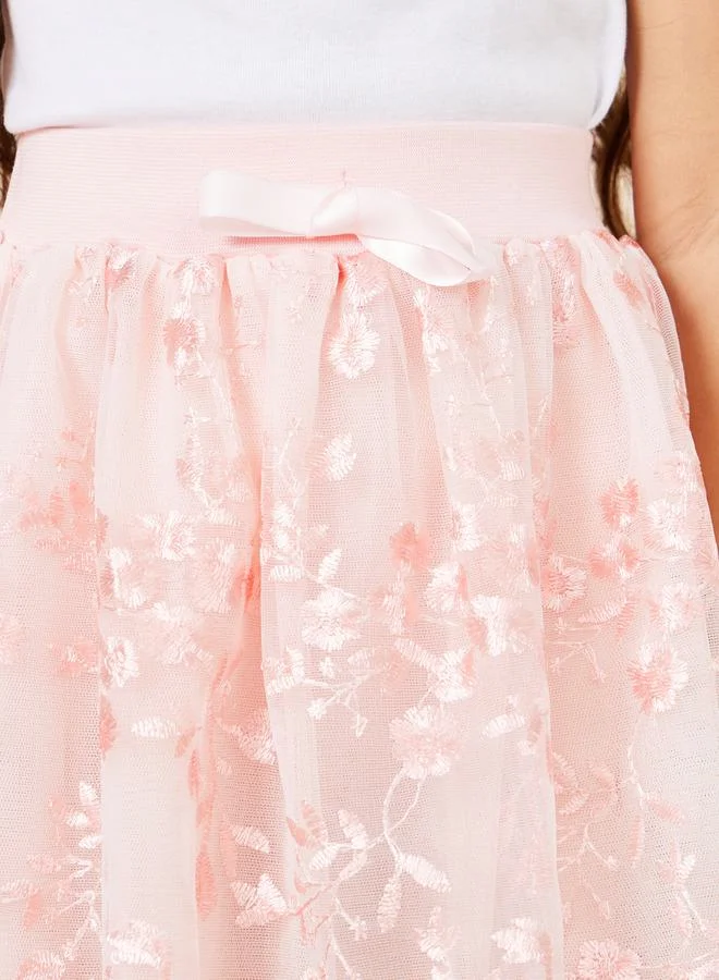 Styli Floral Embroidered Bow Detail Mesh Skirt