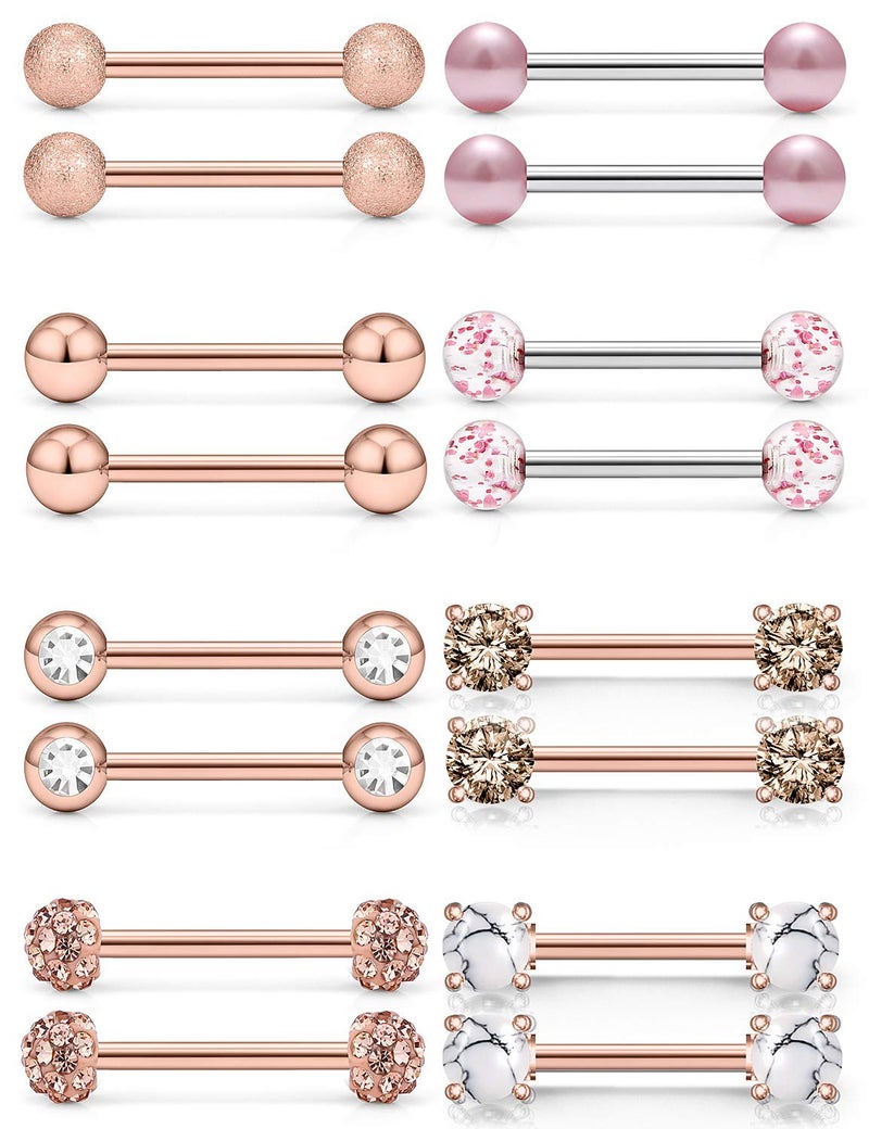 SCERRING 14G Nipple Rings Stainless Steel Nipplerings Tongue Straight Barbell Rings Body Piercing Jewelry for Women Men 9/16Inch 8 Pairs Rose Gold - Image 5