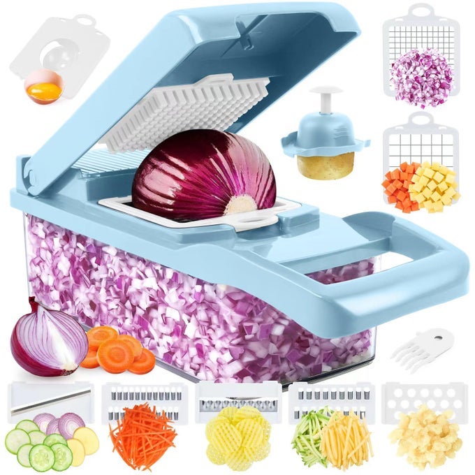 VEGETABLE CHOPPER PRO MULTIFUNCTIONAL 13 IN 1 FOOD CHOPPER KITCHEN VEGETABLE SLICER DICER CUTTER WITH 8 BLADES FOR ONION CARROT AND GARLIC WITH CONTAINER BLUE
