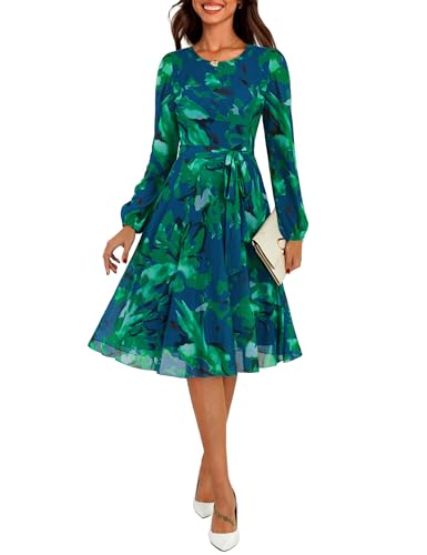 Zattcas Long Sleeve Spring Fall Floral Dress for Women Wedding Guest Ladies Winter Mesh Sleeve Midi Elegant Classy Semi Formal Thanksgiving Christmas Holiday Party Dresses Green XL - Image 1