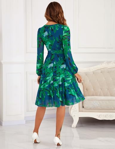 Zattcas Long Sleeve Spring Fall Floral Dress for Women Wedding Guest Ladies Winter Mesh Sleeve Midi Elegant Classy Semi Formal Thanksgiving Christmas Holiday Party Dresses Green XL - Image 4
