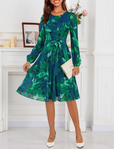 Zattcas Long Sleeve Spring Fall Floral Dress for Women Wedding Guest Ladies Winter Mesh Sleeve Midi Elegant Classy Semi Formal Thanksgiving Christmas Holiday Party Dresses Green XL - Image 2