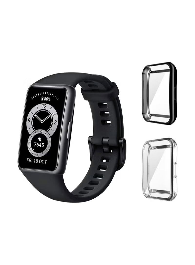 2 Pack Protective Cover Compatible with HUAWEI Band 6/HUAWEI Band 7 Case TPU Case with Screen Protector Anti-Scratch Drop-Proof Waterproof Silicone TPU Cover Black Transparent - Image 1
