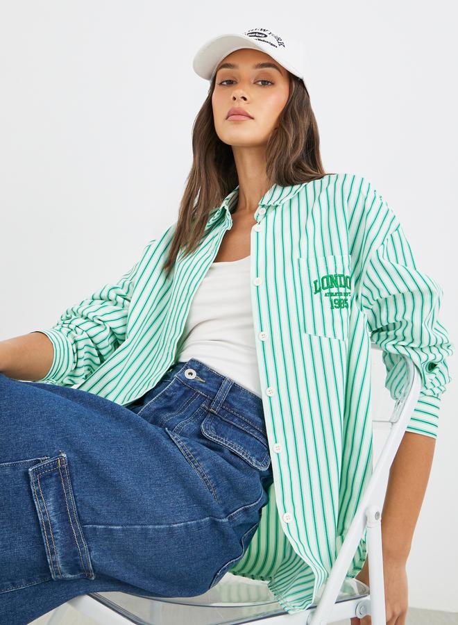 ستايلي قميص ستايلي واسع بياقة عريضة وخطوط - Image 1