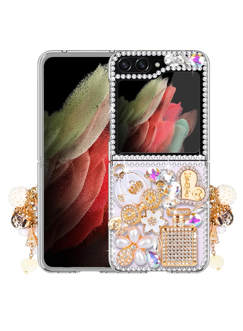 Excefore Designed for Galaxy Z Flip 5 Case, Luxury 3D Handmade Sparkle Rhinestone Case, Rhinestone Pumpkin Car Charm, Crystal Diamond Bling Glitter Hard PC Case for Galaxy Z Flip 5 Women Girls (White) - Image 1