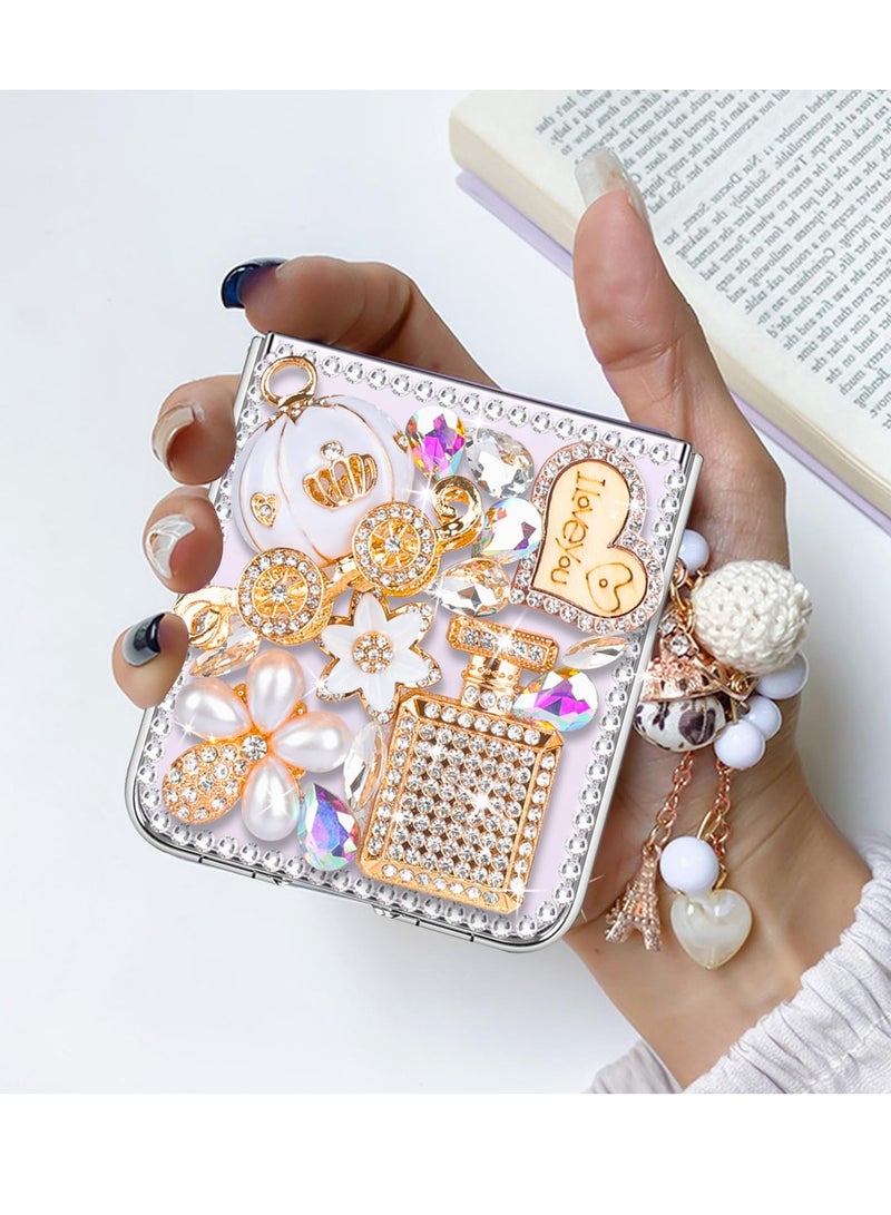 Excefore Designed for Galaxy Z Flip 5 Case, Luxury 3D Handmade Sparkle Rhinestone Case, Rhinestone Pumpkin Car Charm, Crystal Diamond Bling Glitter Hard PC Case for Galaxy Z Flip 5 Women Girls (White) - Image 3