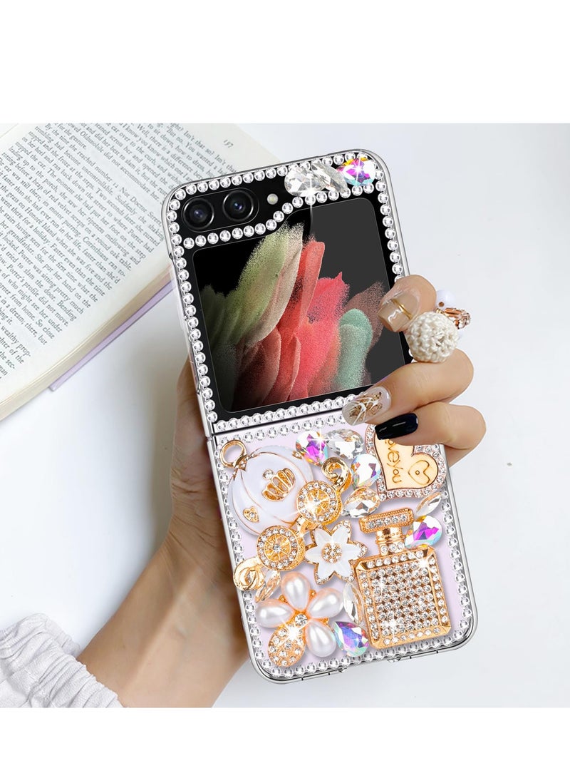 Excefore Designed for Galaxy Z Flip 5 Case, Luxury 3D Handmade Sparkle Rhinestone Case, Rhinestone Pumpkin Car Charm, Crystal Diamond Bling Glitter Hard PC Case for Galaxy Z Flip 5 Women Girls (White) - Image 2