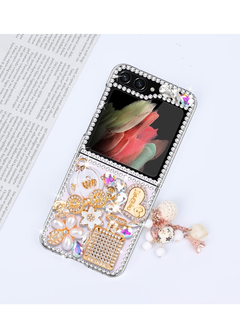 Excefore Designed for Galaxy Z Flip 5 Case, Luxury 3D Handmade Sparkle Rhinestone Case, Rhinestone Pumpkin Car Charm, Crystal Diamond Bling Glitter Hard PC Case for Galaxy Z Flip 5 Women Girls (White) - Image 4