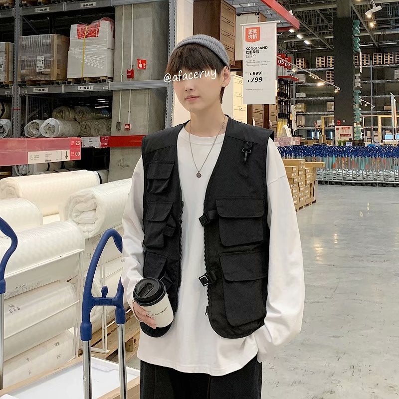 2025 Hip-Hop Korean Fashion Hong Kong Style Ins Loose Super Fire New Solid Color Personalized Vest Coat A Generation Of Hair - Image 5