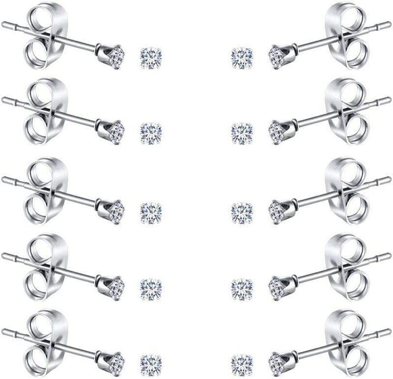 FOSIR 10 Pairs Tiny Womens Surgical Stainless Steel Clear Cubic Zirconia Stud Earrings, Hypoallergenic 316L Earrings Set - Image 1