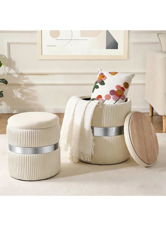 2BYF Round Ottoman with Storage Set of 2 Upholstered Velvet Vanity Stool for Living Room Storage Ottomans Multifunctional Foot Rest (Silver-White) - Image 1