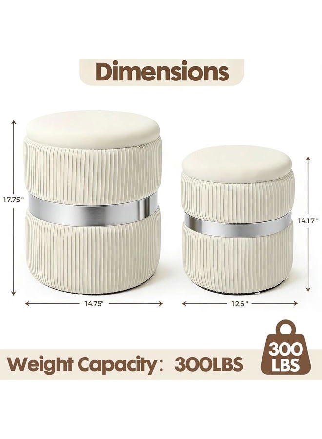 2BYF Round Ottoman with Storage Set of 2 Upholstered Velvet Vanity Stool for Living Room Storage Ottomans Multifunctional Foot Rest (Silver-White) - Image 2