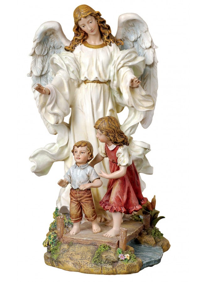 Joseph's Studio by Roman - Guardian Angel with Children on Bridge Figure, Renaissance Collection, 10" H, Resin and Stone, Religious Gift, Decoration