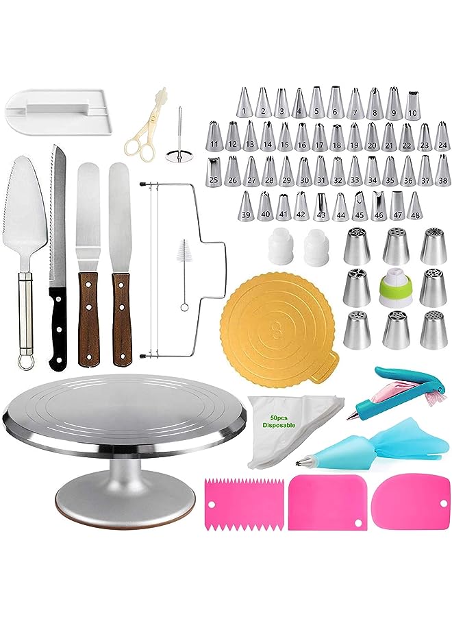 Raxoom Decorating Tools Kit, Aluminum Stainless Steel Turntable With 124 Pcs Of Accessories Cake Supplies, Baking Spatula, Cutter, Icing Tips, Nozzles, Piping Bags Knife For Beginners & Professional - Image 1
