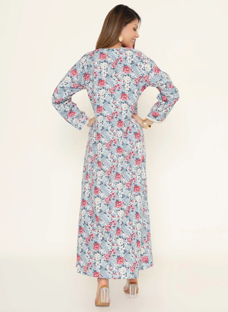 HANA & SARA Arabic Floral Print Jalabiya with Red Embroidered Neckline - Blue/Pink