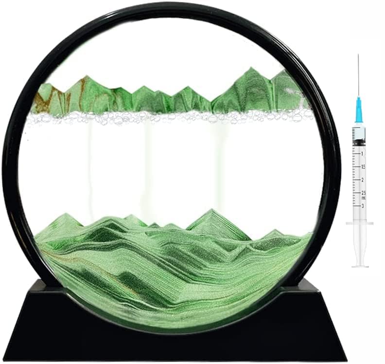 FEBLICH 3D Moving Sand Art Picture Glass Liquid Painting Natural Landscape Showpieces for Home Decor, Antique Gifts for Kids, Office Desktop Decoration, Desk Table Decorative Items (Green) - Image 1