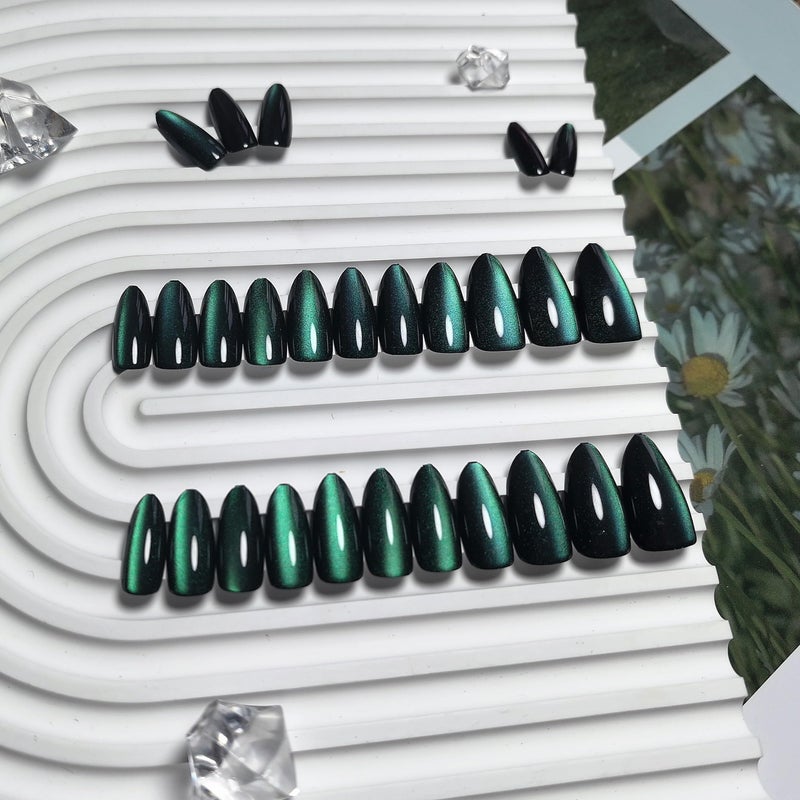 KQueenest Cat Eye Emerald Green Press on Nails Almond, 30 Pcs Glitter Fake Nails Medium, Sparkly Black Nails Press on, Shiny Acrylic Nails, Goth Bling Soft Gel Stick on Nails for Women Party Holiday - Image 3