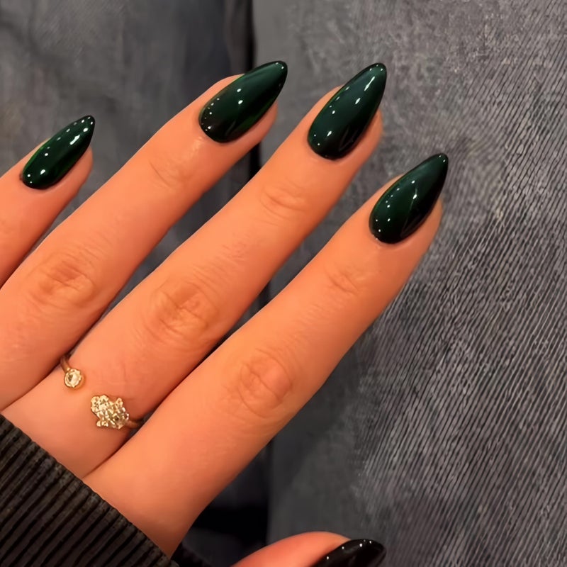 KQueenest Cat Eye Emerald Green Press on Nails Almond, 30 Pcs Glitter Fake Nails Medium, Sparkly Black Nails Press on, Shiny Acrylic Nails, Goth Bling Soft Gel Stick on Nails for Women Party Holiday - Image 2