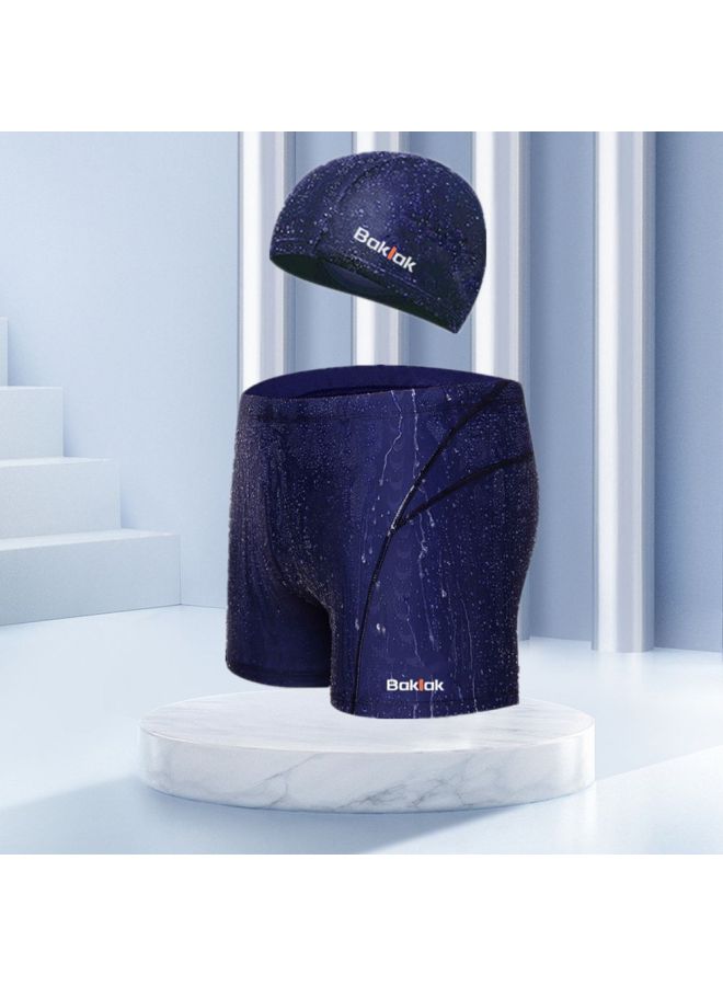 Loquat Boxer Men's Student Professional Swimming Suit Imitation Shark Skin Swimming Trunks Pants Plus Hot Spring Swimsuit Wholesale-Color:Five Navy Blue Pants + Swimming Cap 【no LOGO】】- - Image 5