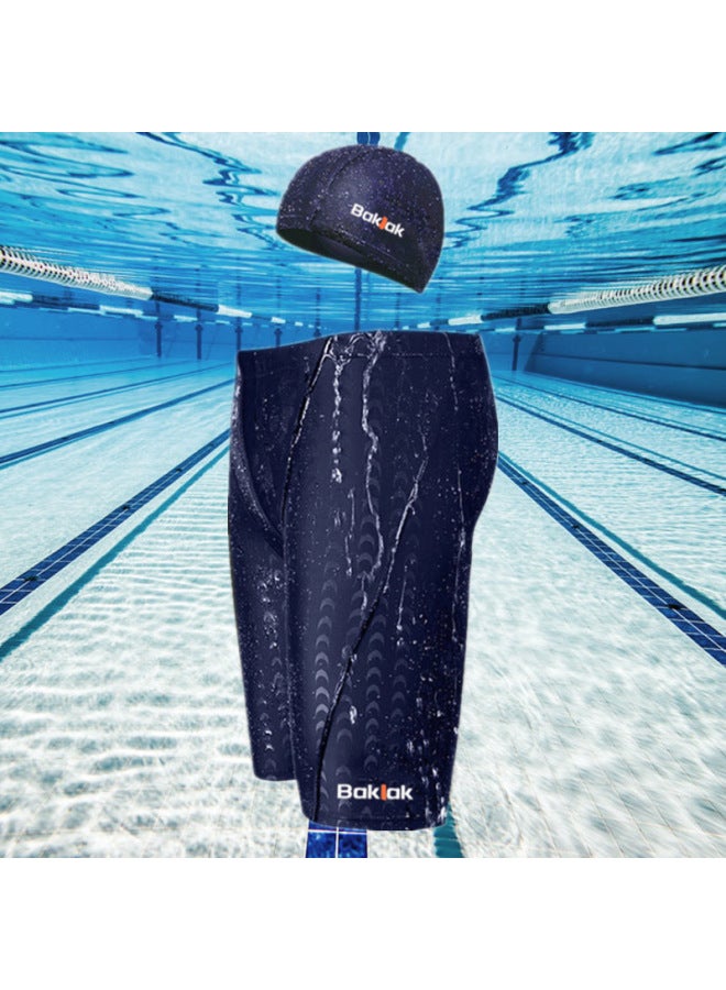 Loquat Boxer Men's Student Professional Swimming Suit Imitation Shark Skin Swimming Trunks Pants Plus Hot Spring Swimsuit Wholesale-Color:Five Navy Blue Pants + Swimming Cap 【no LOGO】】- - Image 3