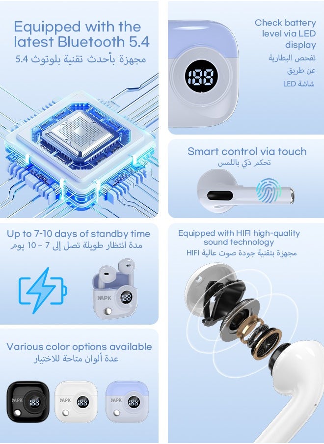 WAPIK Korean Brand R6 True Wireless Earbuds Bluetooth 5.4, 40H Playtime, 10Min Fast Charge, ENC 4-Mic Clear Calls, Touch Control, IPX5 Waterproof, Immersive Sound, Lightweight In-Ear Headphones  - Image 2