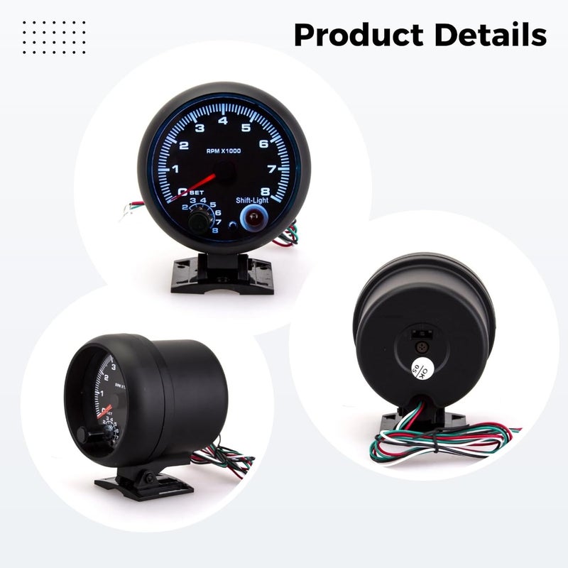 Generic 0-8000 RPM Tachometer Gauge, 3.7In Car Tacho Meter, 12V Universal, Blue Backlight, Black Finish, Accessories Pack Included - Image 5