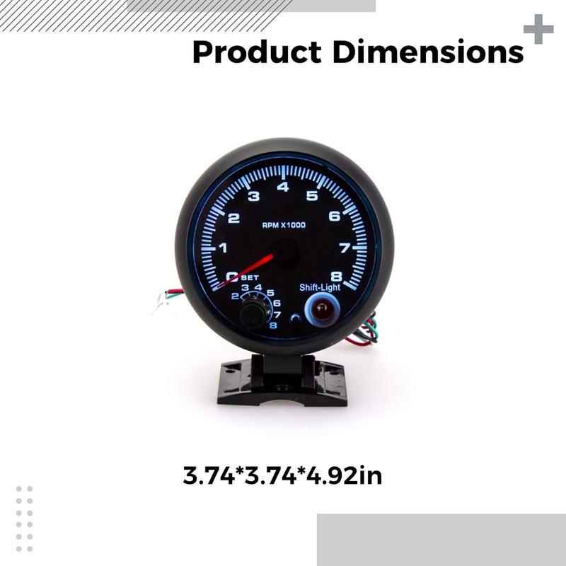 Generic 0-8000 RPM Tachometer Gauge, 3.7In Car Tacho Meter, 12V Universal, Blue Backlight, Black Finish, Accessories Pack Included - Image 2