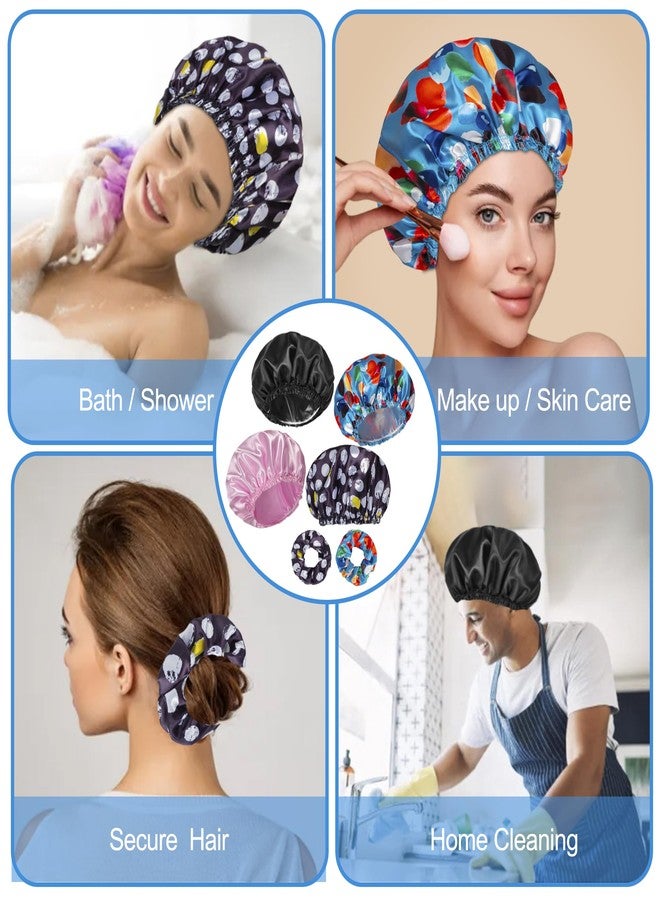Happtiger Shower Cap for Women Set of 4, Bath Caps, Double Layers Hair Caps + 2 Satin Hair Scrunchies, Reusable Waterproof Shower Caps, Elastic Hair Cap for Shower - Pattern A - Image 5