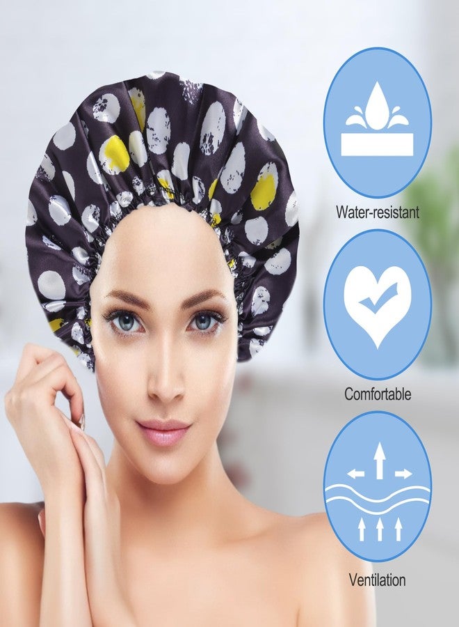 Happtiger Shower Cap for Women Set of 4, Bath Caps, Double Layers Hair Caps + 2 Satin Hair Scrunchies, Reusable Waterproof Shower Caps, Elastic Hair Cap for Shower - Pattern A - Image 4