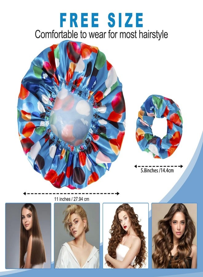 Happtiger Shower Cap for Women Set of 4, Bath Caps, Double Layers Hair Caps + 2 Satin Hair Scrunchies, Reusable Waterproof Shower Caps, Elastic Hair Cap for Shower - Pattern A - Image 3