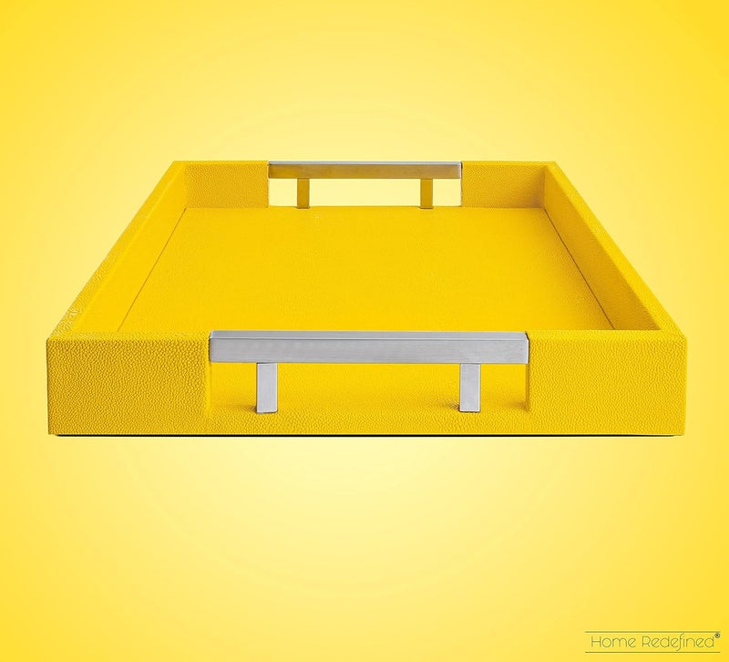 Home Redefined صينية ديكورية أنيقة وعصرية 18x12 بوصة مستطيلة باللون الأصفر من جلد الشاجرين الفاخر، صينية عثمانية، طاولة قهوة، عطر، خزانة ملابس، مطبخ، مع مقابض معدنية فضية من لجميع المناسبات - Image 4