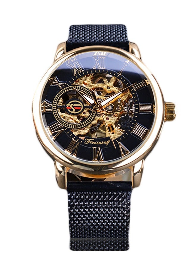 FORSINING ​​Forsining Men's Fashion Skeleton Watch - Gold-Tone Case with Black Skeleton Dial and Black Mesh Strap, Versatile Business Casual Timepiece for Daily Wear & Formal Occasions​​ - Image 1