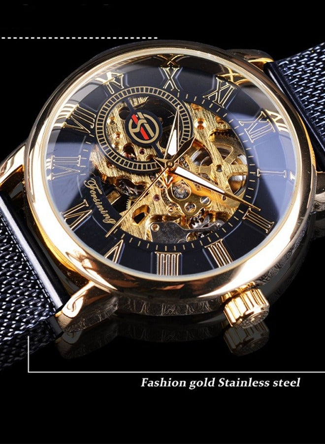 FORSINING ​​Forsining Men's Fashion Skeleton Watch - Gold-Tone Case with Black Skeleton Dial and Black Mesh Strap, Versatile Business Casual Timepiece for Daily Wear & Formal Occasions​​ - Image 3
