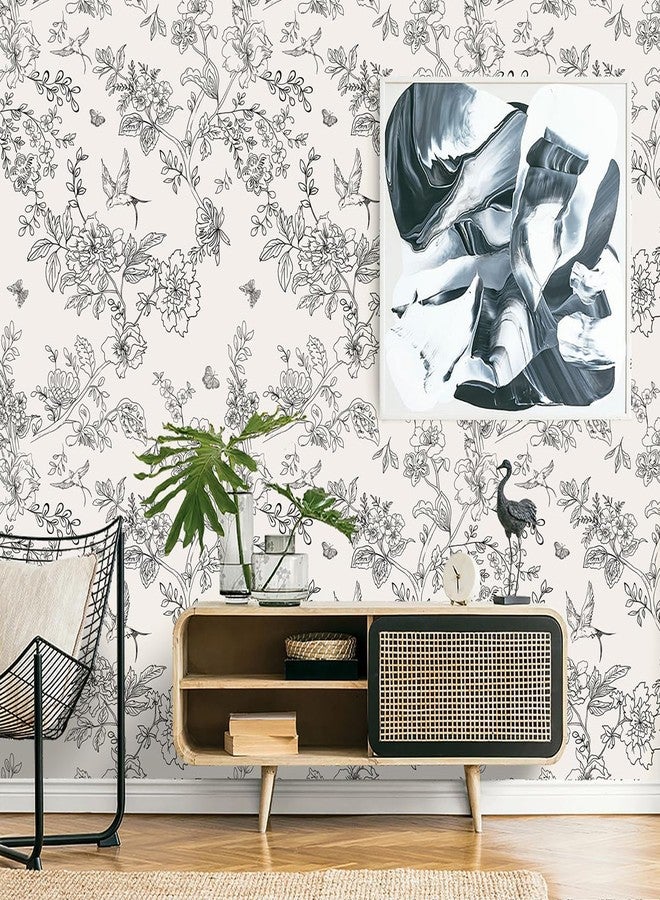 Froluya Black and Cream White Floral Wallpaper Peel and Stick Wallpaper 17.7in×118.1in Vintage Floral Contact Paper Flowers Birds Removable Self Adhesive Decorative Wall Paper for Bathroom Cabinets - Image 2