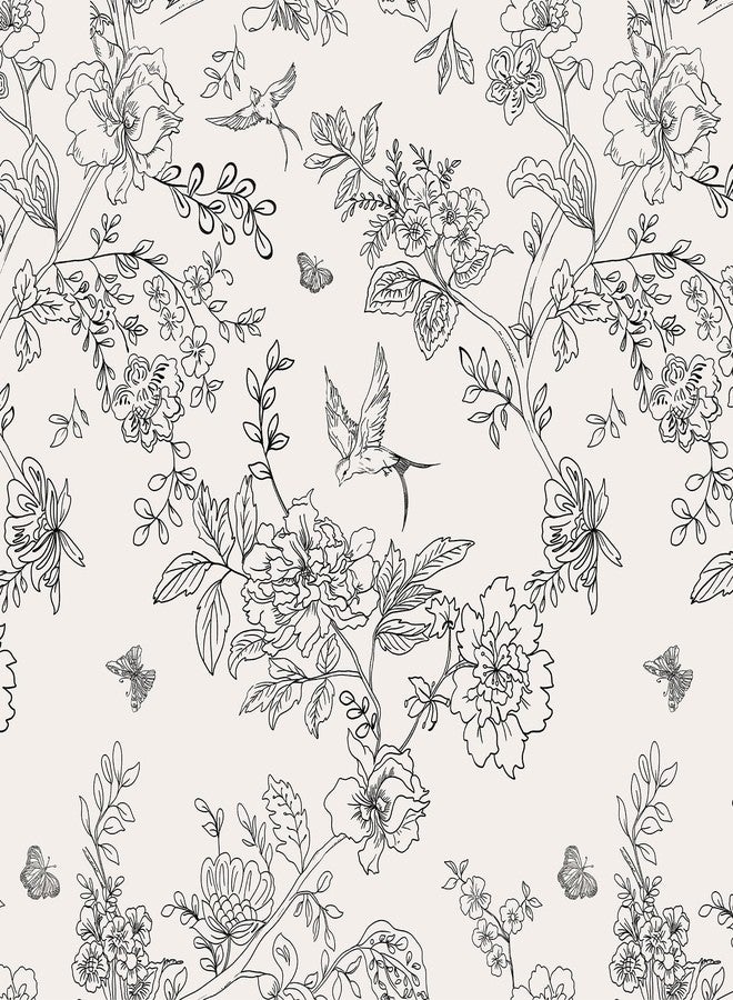 Froluya Black and Cream White Floral Wallpaper Peel and Stick Wallpaper 17.7in×118.1in Vintage Floral Contact Paper Flowers Birds Removable Self Adhesive Decorative Wall Paper for Bathroom Cabinets - Image 1