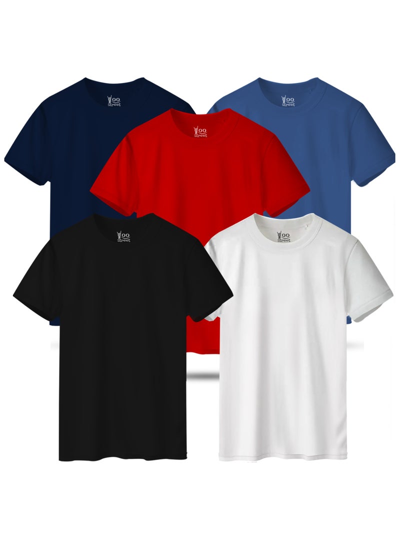 Yoo Street Bundle of 5 Classic T-Shirts - BLACK WHITE RED NAVY BLUE LIGHT INDIGO