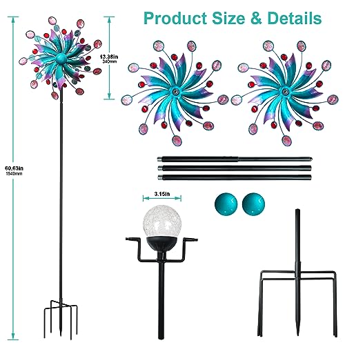 MXwcy 360°Solar Wind Spinner with Lights Blue Metal Garden Outdoor Decor Yard Lawn Art Decor for Patio Kinetic Windmills Unique Gifts for Friends and Family 60.63'' H x 13.38'' Dia - Image 3