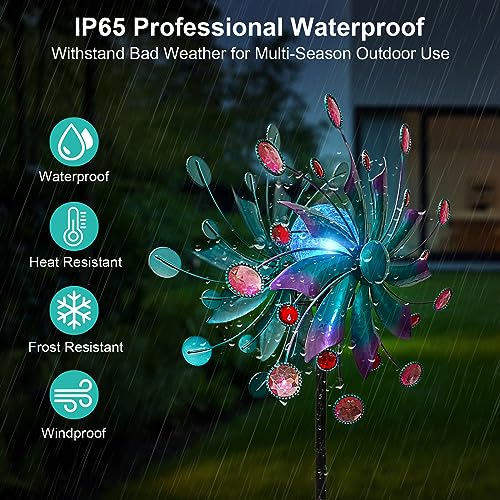 MXwcy 360°Solar Wind Spinner with Lights Blue Metal Garden Outdoor Decor Yard Lawn Art Decor for Patio Kinetic Windmills Unique Gifts for Friends and Family 60.63'' H x 13.38'' Dia - Image 5